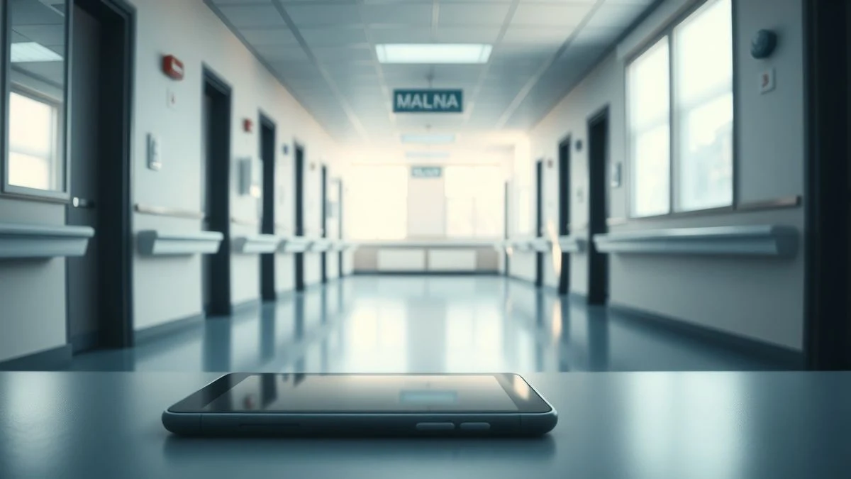 Imagen ilustrativa: un pasillo de hospital vacío con luz natural, con una tableta médica sobre una mesa en primer plano
