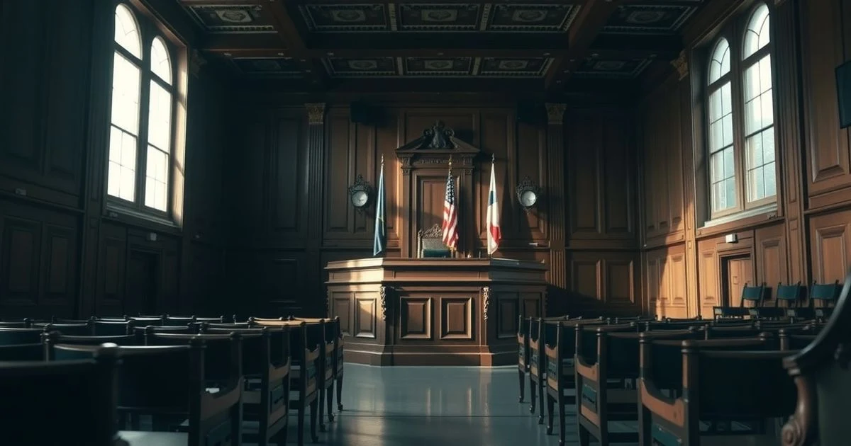 Sala de tribunal vacía en Indonesia con luz natural dramática