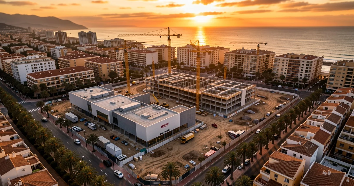 Vista aérea de una obra de centro comercial en una ciudad costera española al atardecer