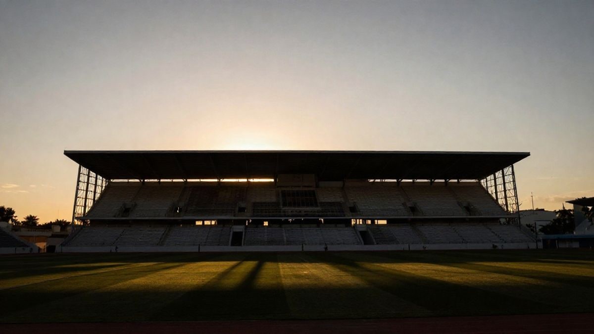 Illustrative image: silhouette of a football stadium at sunset with long shadows and dramatic lighting.