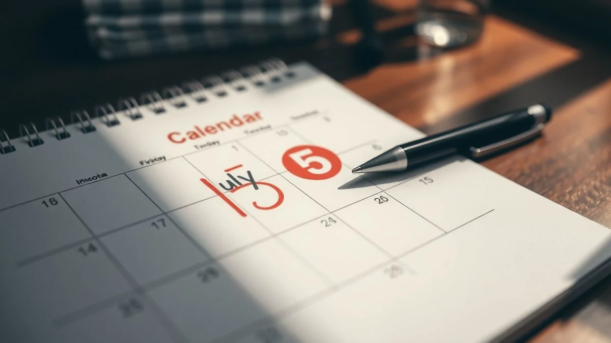 Calendario con el 15 de julio marcado en rojo y un bolígrafo sobre una mesa de madera