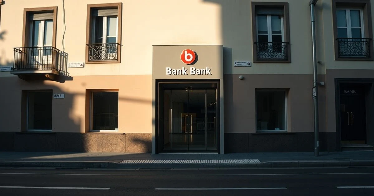 Fachada del Banco de España con luz de atardecer, calle vacía