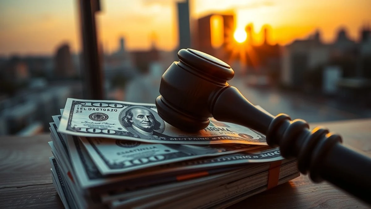 Mazo de madera sobre billetes de dólar con fondo de distrito financiero al atardecer