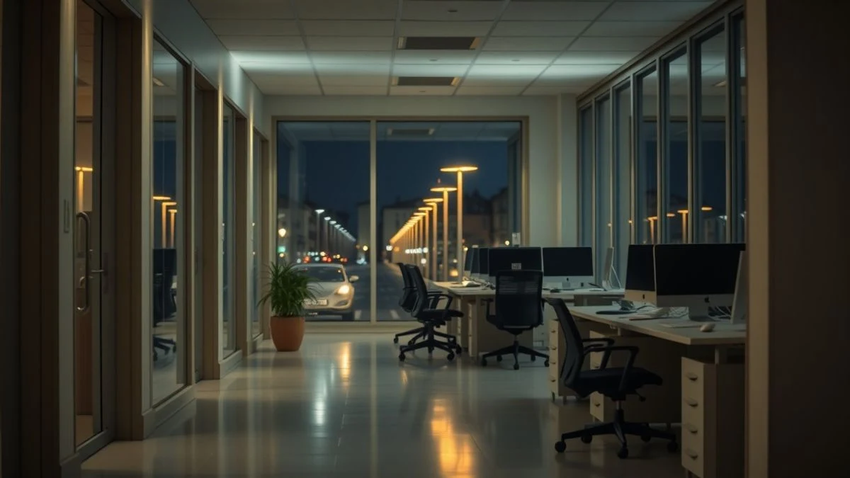 Oficina vacía de noche con luz artificial de farolas y neón tenue