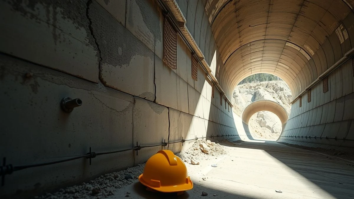 Túnel de metro en construcción con hormigón y casco amarillo en el suelo