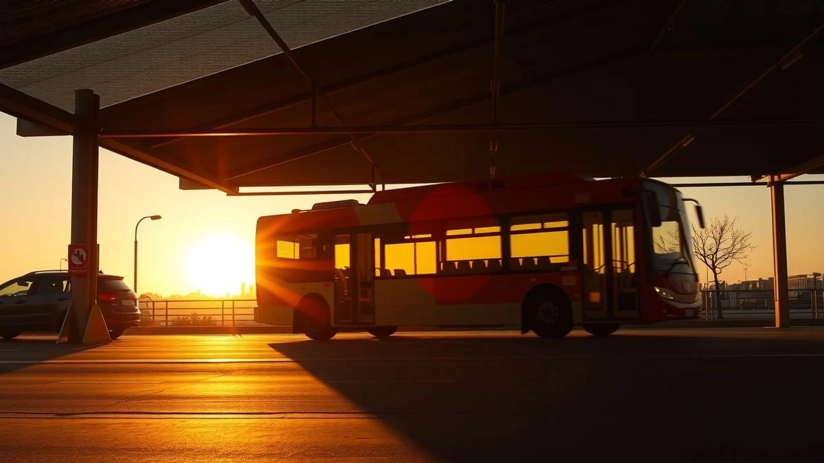 Estación de autobuses al atardecer con sombras largas de un autobús vacío