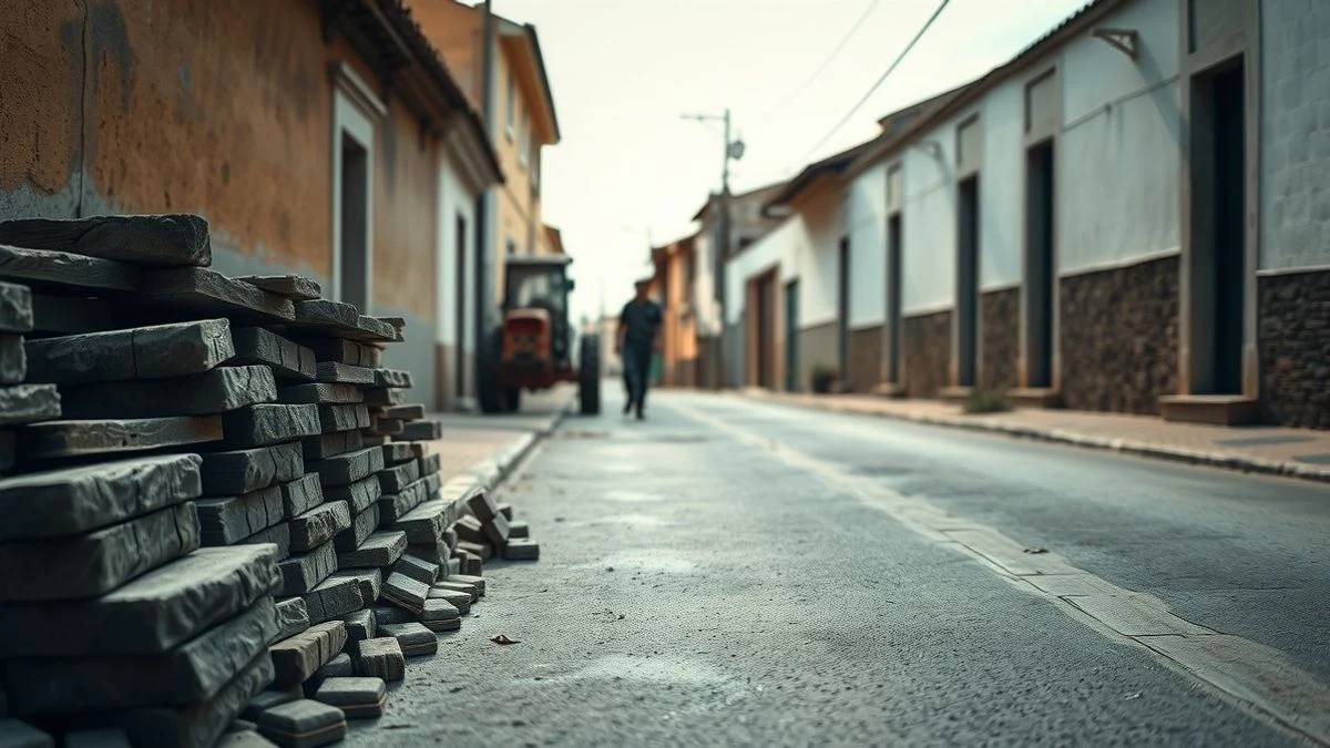 Calle rural con materiales de obra y un tractor al fondo, en un pueblo de Almería