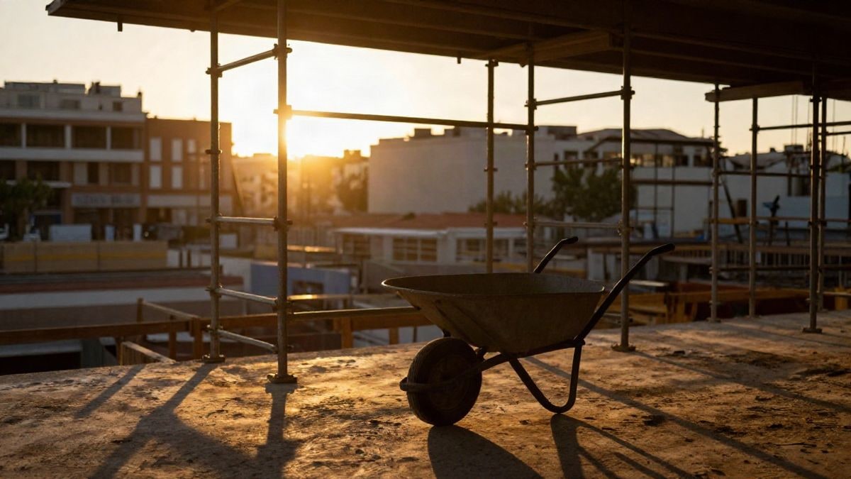 Illustrative image: public works at sunset with scaffolding and silhouettes backlit