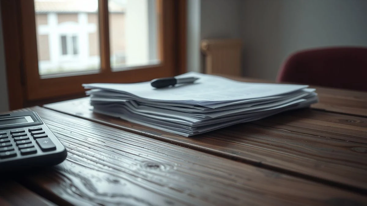 Documentos y calculadora sobre una mesa de madera con luz natural