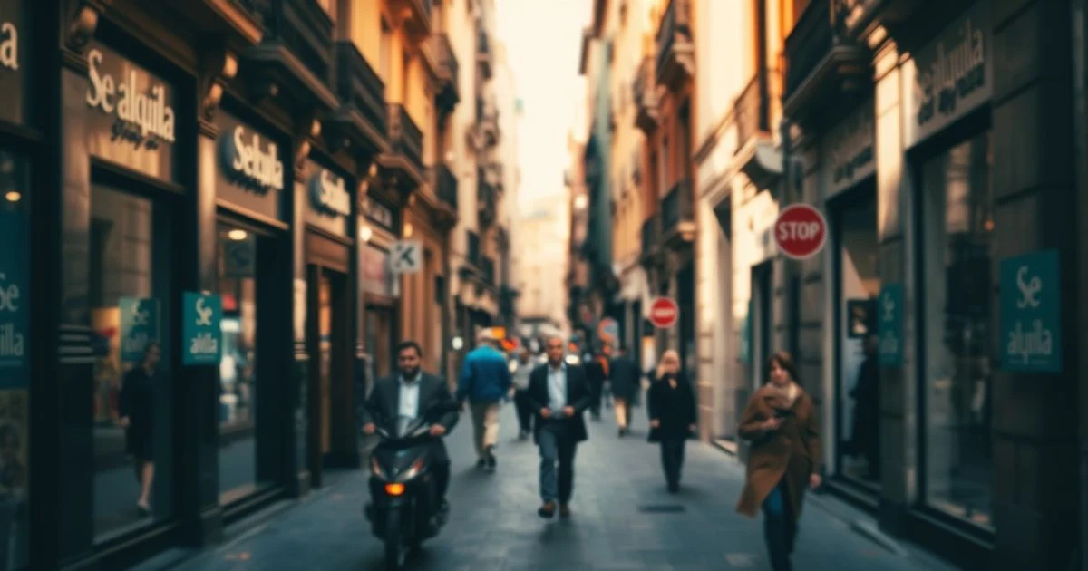 Calle española con carteles de alquiler y peatones desenfocados al fondo