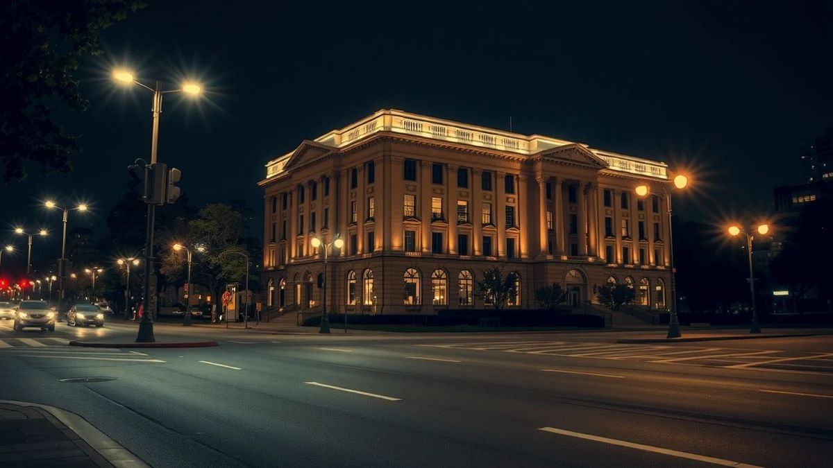 Imagen ilustrativa: Fachada del edificio de la Reserva Federal de noche, iluminada por farolas y ventanas.