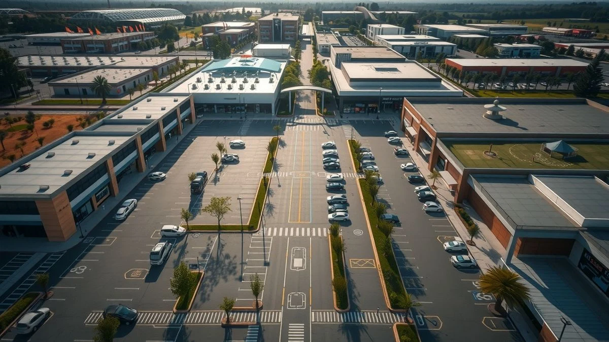 Vista cenital de un centro comercial outlet con aparcamiento y tiendas