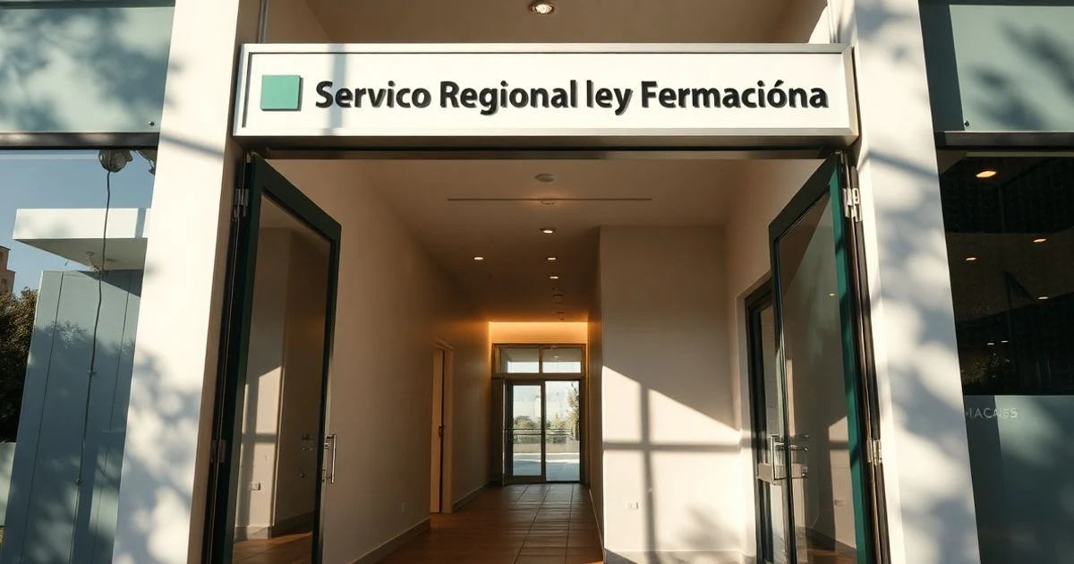Entrada del edificio del Servicio Regional de Empleo y Formación en Murcia, con luz natural y fondo desenfocado