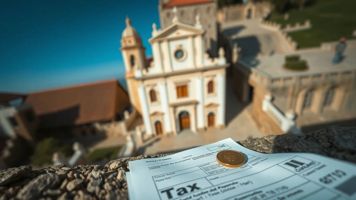 Vista cenital de una iglesia con un formulario de impuestos y una moneda en el suelo