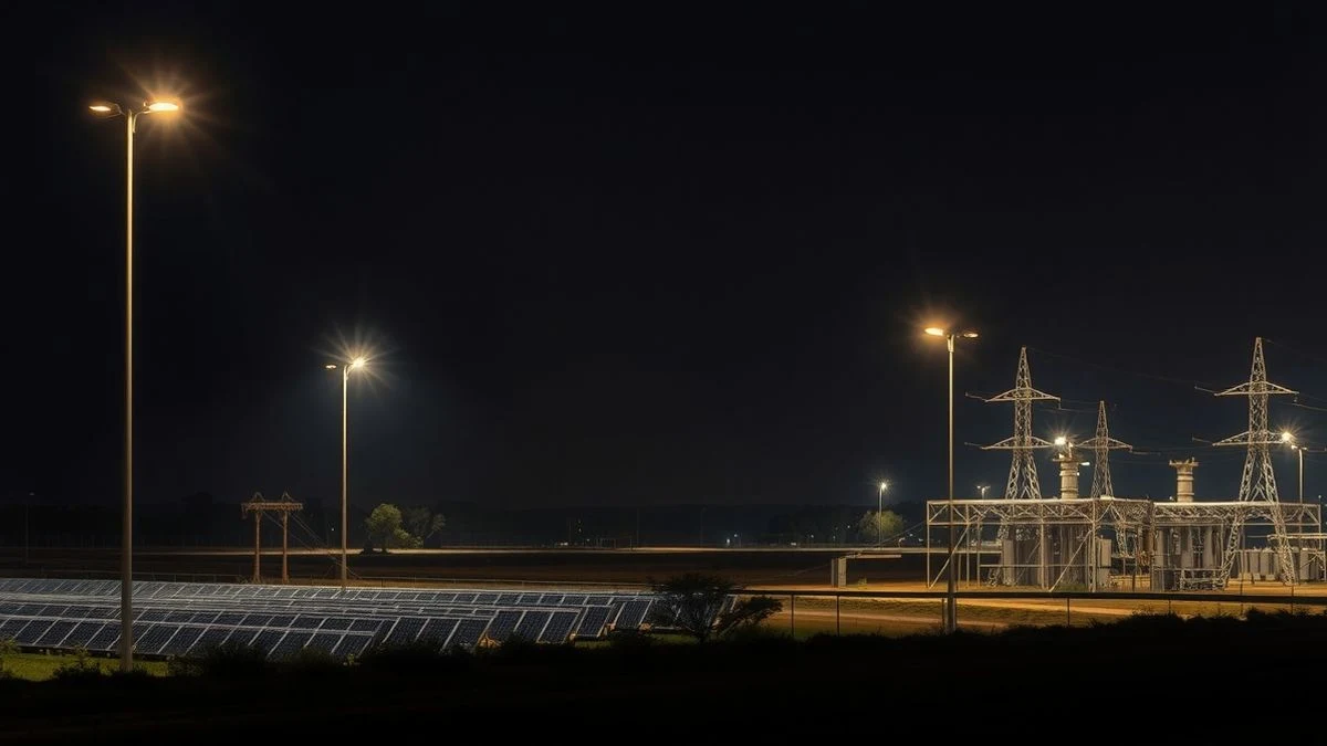 Imagen ilustrativa: un campo de paneles solares iluminado por focos durante la noche, con una subestación eléctrica al fondo.