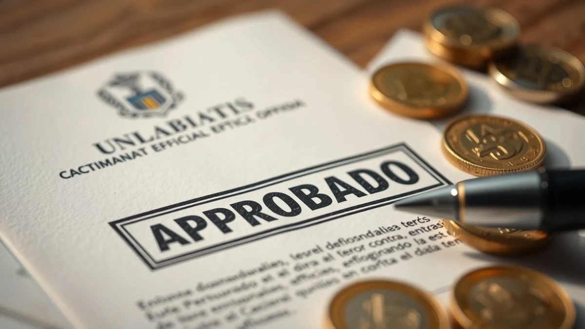 Imagen ilustrativa: un sello de caucho con la palabra 'APROBADO' sobre un documento oficial, junto a una pluma y monedas de euro, con fondo desenfocado.