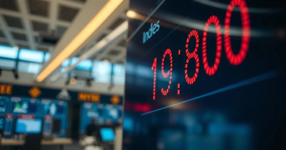 Pantalla de cotización del Ibex 35 mostrando 19.800 puntos en una sala de bolsa vacía