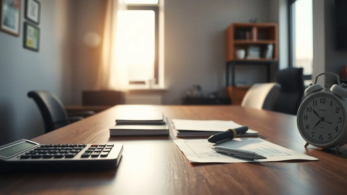 Mesa de oficina vacía con calculadora, documento y bolígrafo, luz suave de tarde