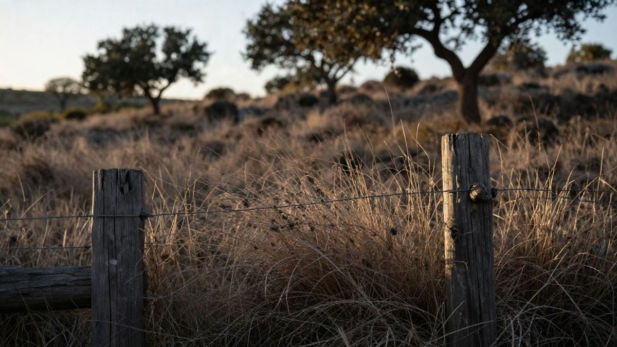 Illustrative image: detail of dry vegetation and scrub in a dehesa landscape with a wooden fence in the background
