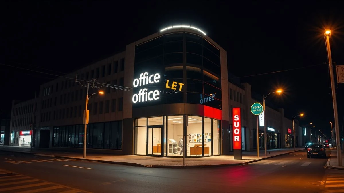 Imagen ilustrativa: fachada de un edificio de oficinas moderno iluminado por luces de neón y farolas por la noche