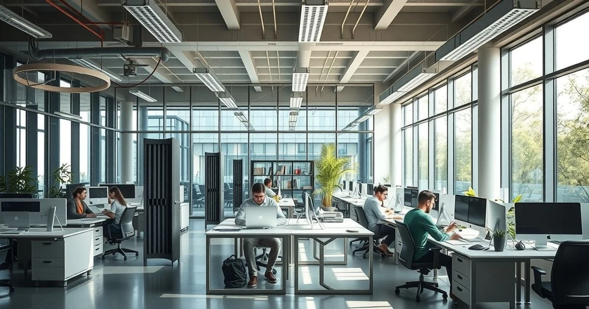 Interior de una incubadora tecnológica con oficinas acristaladas y laboratorio de microelectrónica