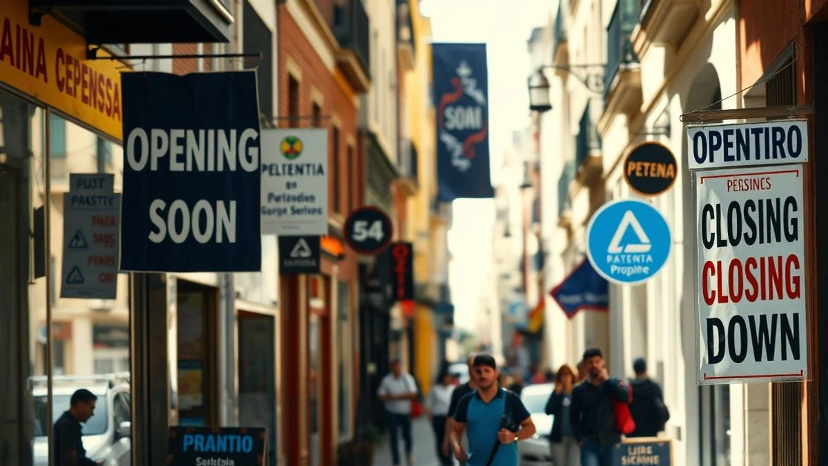 Imagen ilustrativa: una calle comercial de Barcelona con tiendas, algunas con carteles de apertura y otras con letreros de cierre, en un atardecer con luz dramática.