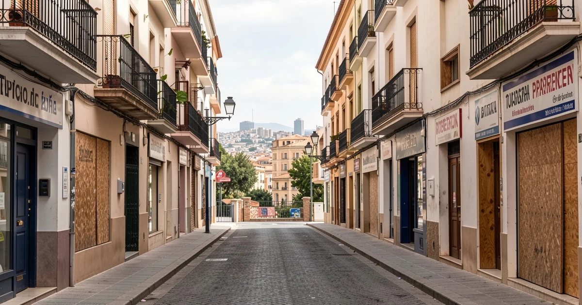 Calle residencial en Málaga con locales comerciales cerrados y carteles de apartamentos turísticos