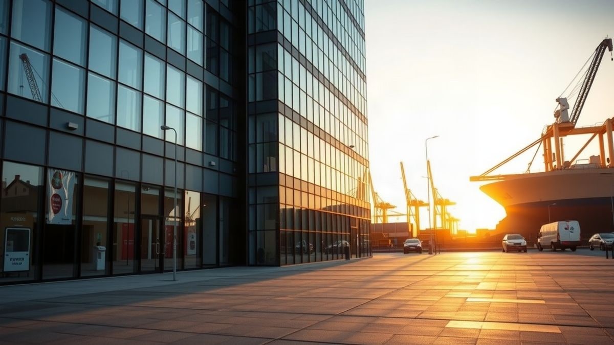 Imagen ilustrativa: edificio de oficinas moderno con fachada de cristal junto a una zona portuaria al atardecer.