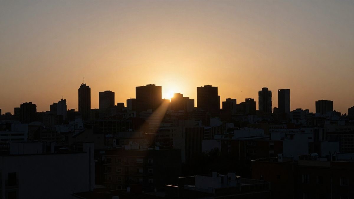 Imagen ilustrativa: siluetas de un skyline urbano al atardecer con sombras largas, representando el contexto de la financiación inmobiliaria.