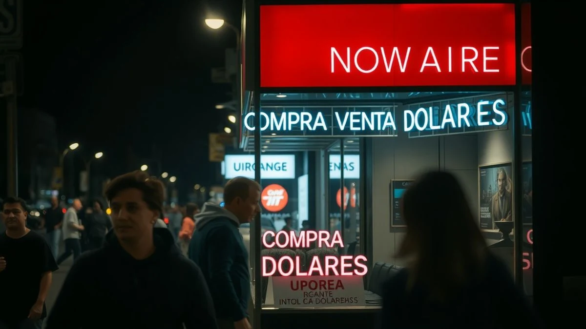 Imagen ilustrativa: una calle nocturna de Buenos Aires con el escaparate de una casa de cambio iluminado con letras de neón.