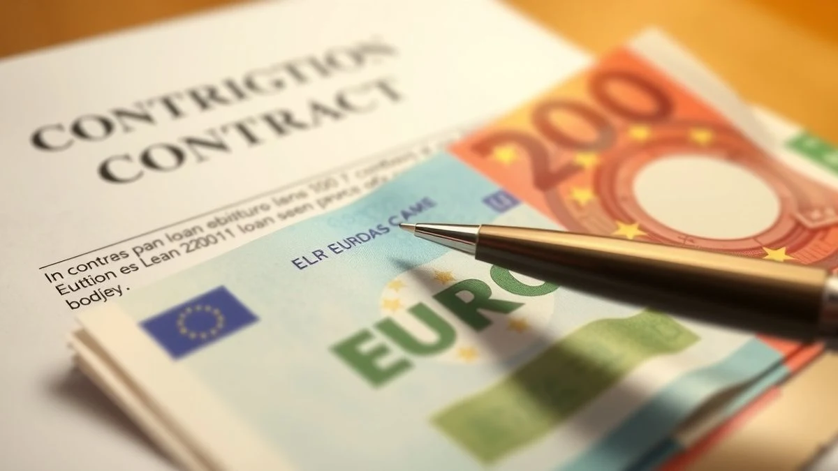 Imagen ilustrativa: primer plano de un contrato de préstamo y un bolígrafo sobre billetes de euro, con luz cálida.