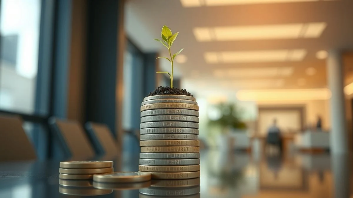 Montón de monedas de euro con una planta creciendo encima, fondo de oficina desenfocado, luz natural