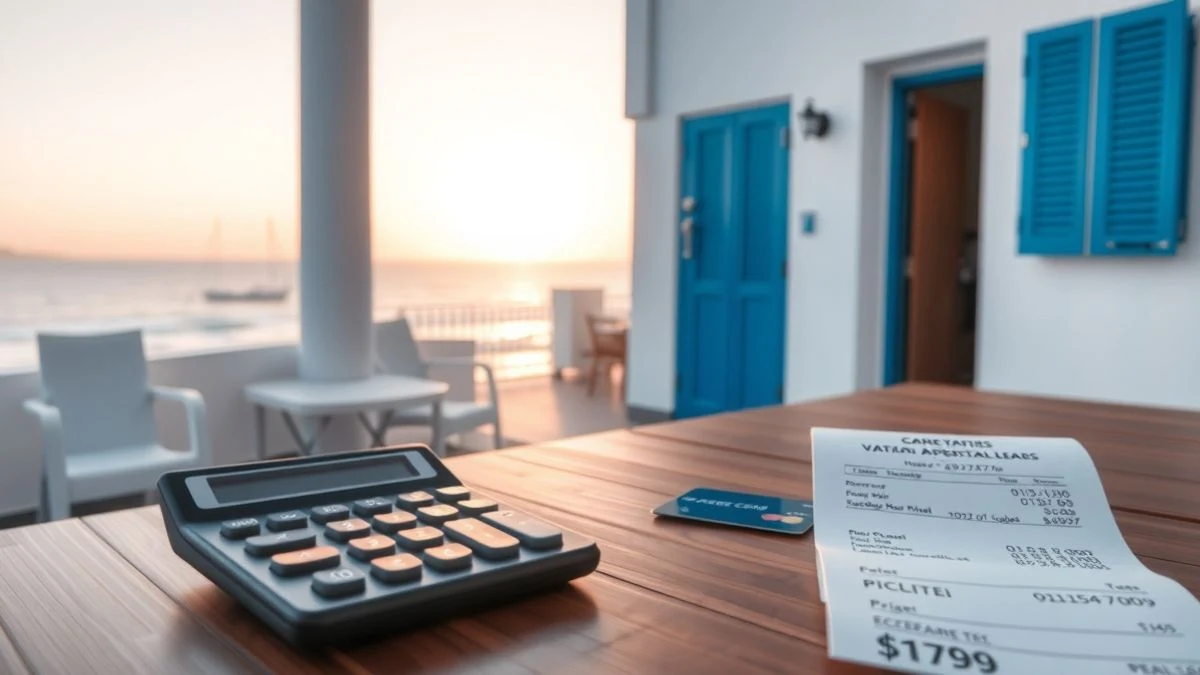 Vista de un apartamento vacacional en La Palma al atardecer, con una calculadora y una tarjeta de crédito sobre una mesa de madera.