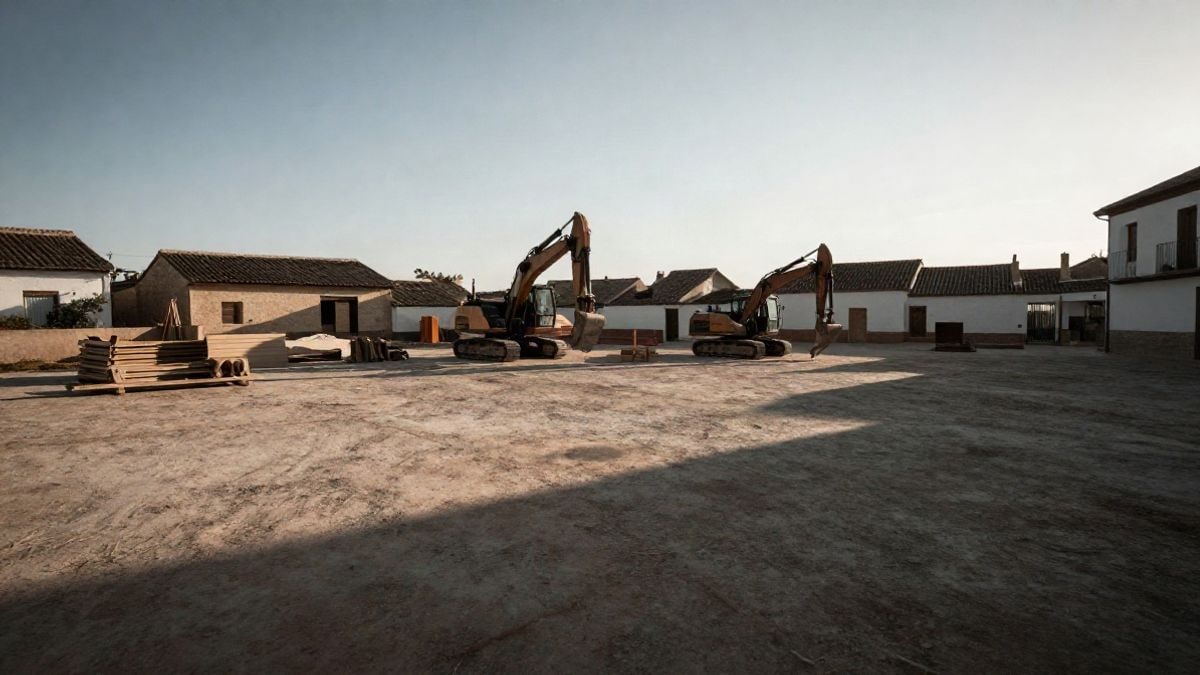 Illustrative image: village square with construction materials and a small excavator in the background