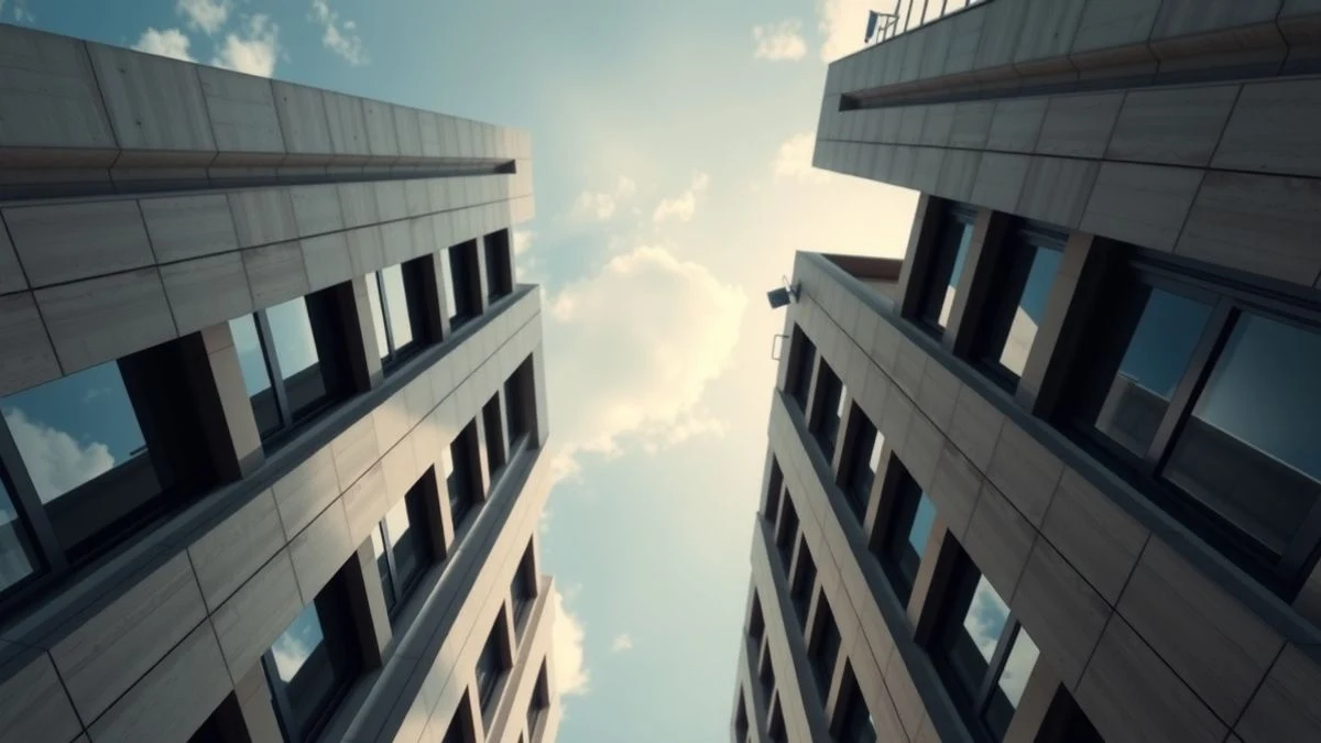 Fachada de un edificio institucional moderno visto desde un ángulo bajo con cielo de fondo