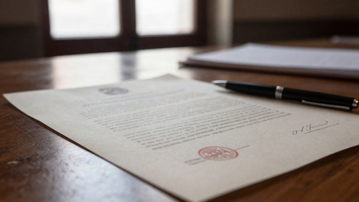 Imagen ilustrativa: documento oficial con sello y bolígrafo sobre una mesa de madera, con luz natural suave.