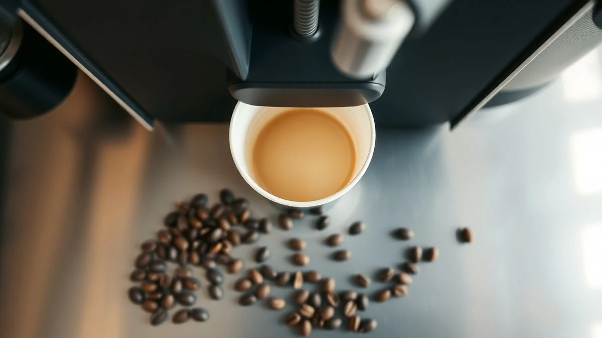 Imagen ilustrativa: máquina de café dispensando café en un vaso de papel, con granos de café sobre una superficie metálica.