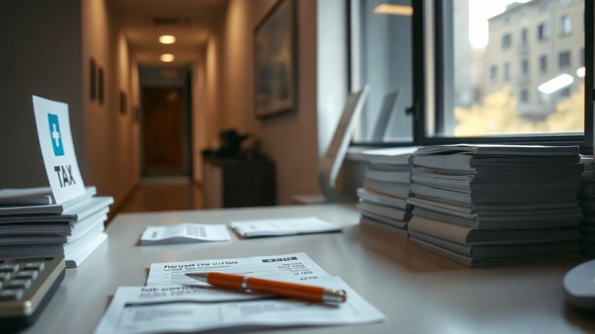Illustrative image: municipal office counter with stacked receipts and a calculator