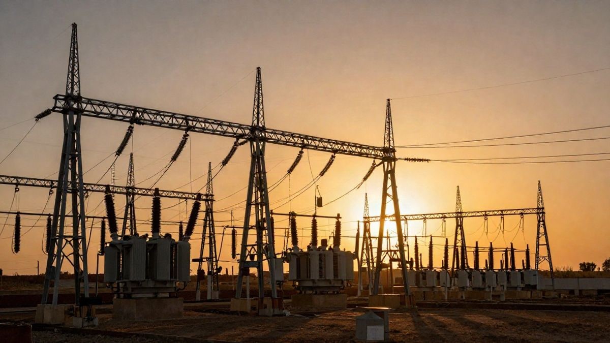 Illustrative image: electrical substation with towers and transformers at sunset