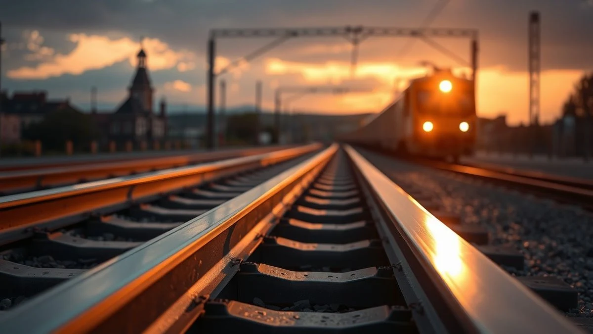 Vía de tren con paneles solares instalados entre los raíles, al atardecer, con un tren de fondo