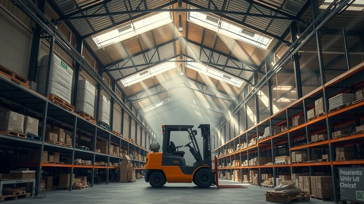 Imagen ilustrativa: interior de una nave logística moderna con estanterías y una carretilla elevadora, iluminada por luz natural.