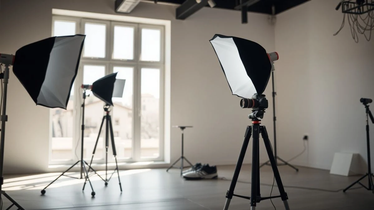 Imagen ilustrativa: interior de un estudio fotográfico profesional vacío con equipos de iluminación y una cámara sobre un trípode.