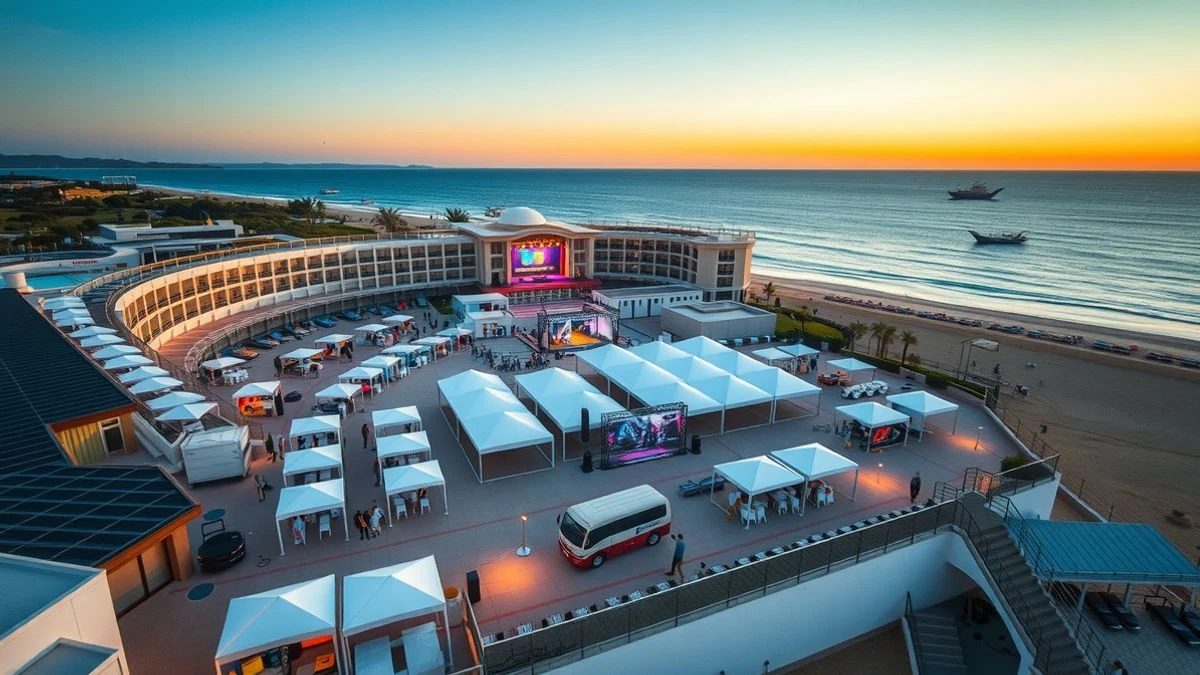 Imagen ilustrativa: vista aérea de un complejo hotelero en primera línea de playa con carpas blancas y escenario al atardecer.