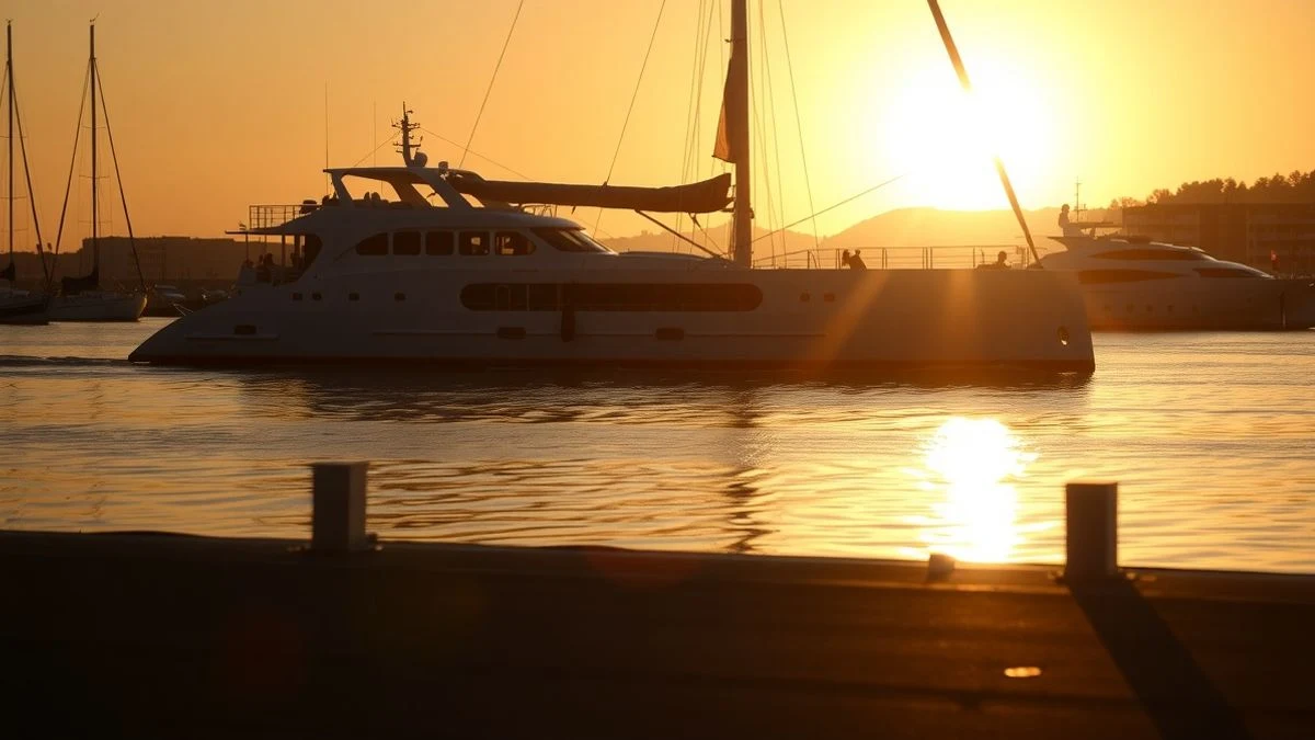 Trimaran ferry at sunset in the port of San Sebastián de La Gomera, with silhouettes and long shadows.