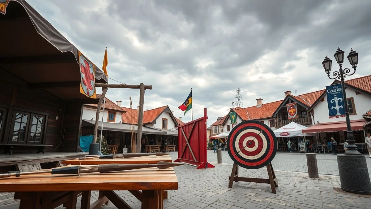 Imagen ilustrativa: escenario medieval con instrumentos celtas y arquería en una plaza costera al atardecer