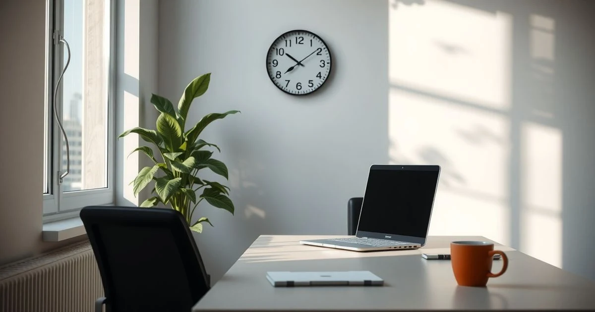 Oficina vacía con ordenador portátil, planta y taza de café, luz natural de ventana