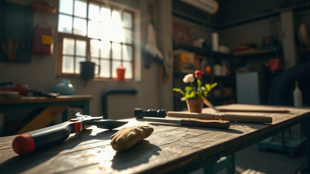 Illustrative image: gardening tools on a work table next to a window