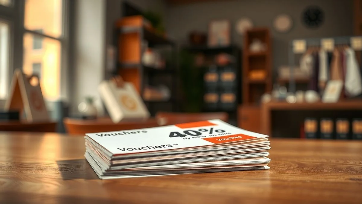 Primer plano de un montón de bonos de consumo con descuento del 40% sobre una mesa de madera, con el interior de una tienda desenfocado al fondo