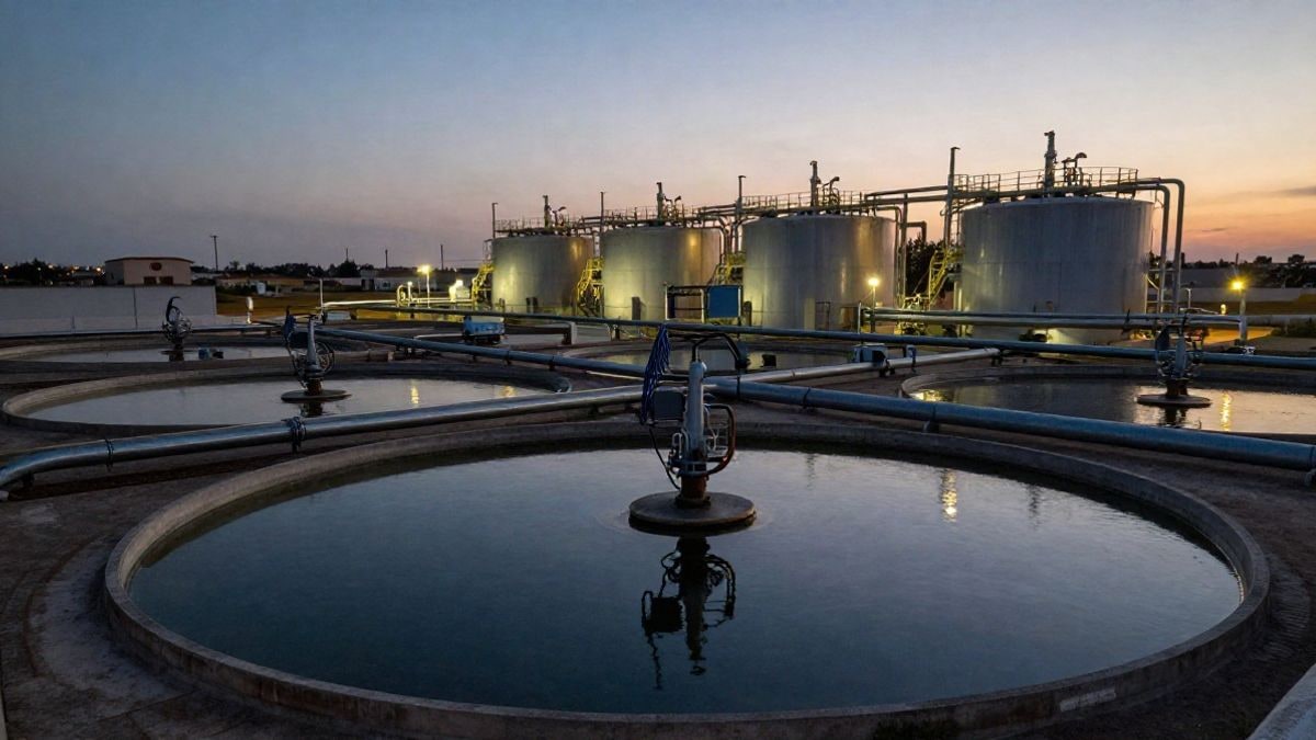 Imagen ilustrativa: planta de tratamiento de aguas con tanques circulares iluminados al atardecer