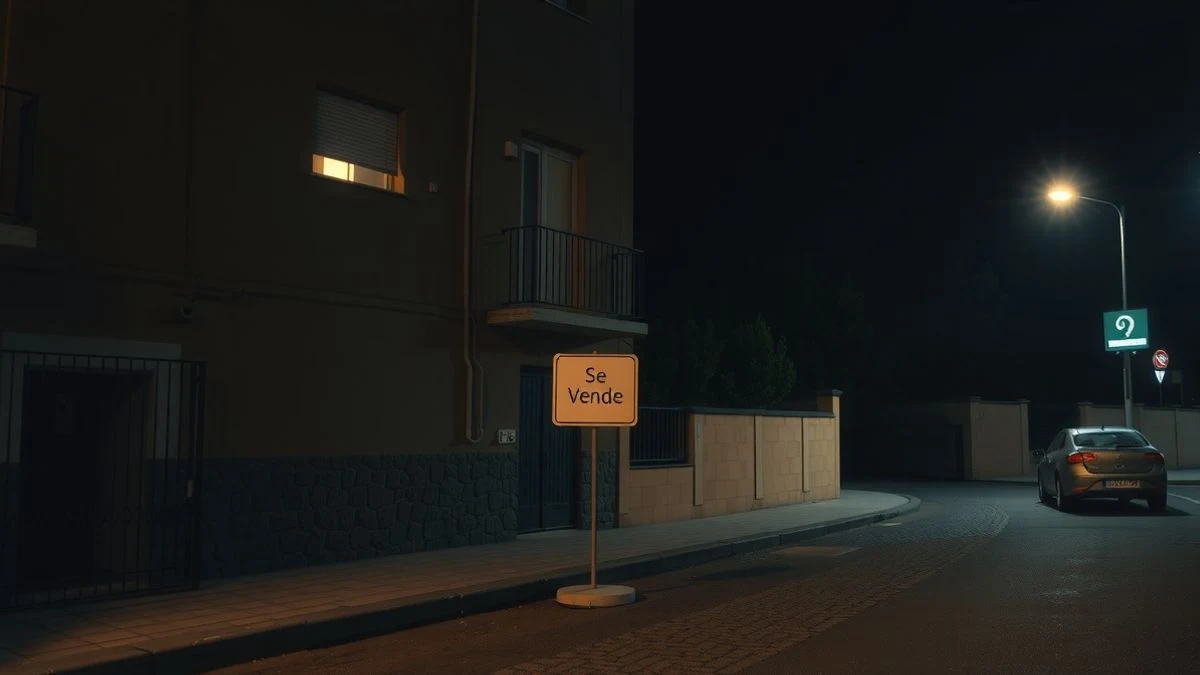 For Sale sign in front of a dimly lit apartment building on a night street in Palma.